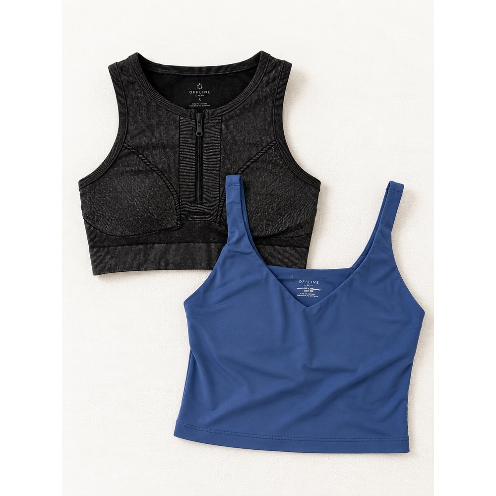 OFFLINE by Aerie Bundle Black Ribbed Zip Sports Bra & Blue Real Me Tank Small